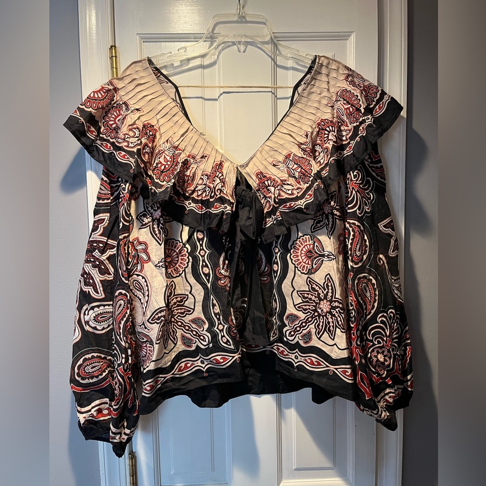 Women’s FARM RIO Navy/Beige/Brown Paisley Blouse w/Collar sz XL